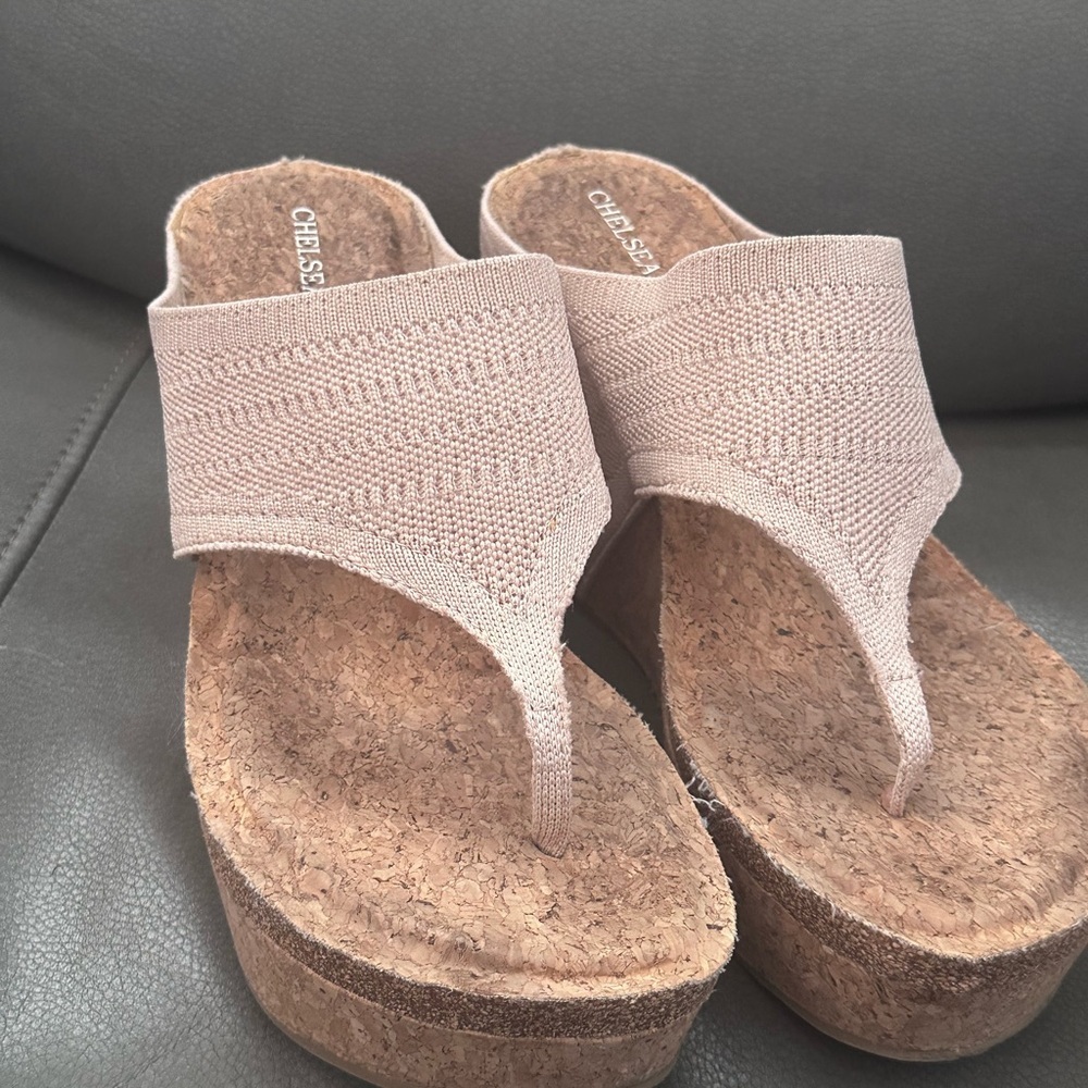 Chelsea & Violet knit wedge sandals with a cork platform